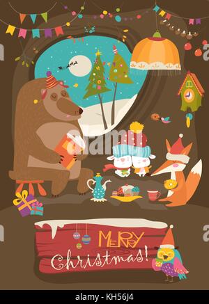 Des animaux marrants célébrer Noël dans den Illustration de Vecteur