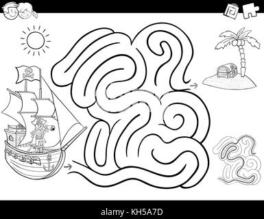 Illustration cartoon noir et blanc de l'éducation ou l'activité Labyrinthe Labyrinthe jeu pour les enfants avec un caractère de pirate avec le navire et l'île au trésor col Illustration de Vecteur