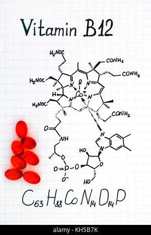 Formule chimique de la vitamine B12 et certaines pilules rouges. Banque D'Images
