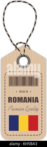 Hang tag fabriqué en Roumanie avec l'icône en forme de drapeau isolé sur un fond blanc. vector illustration. Illustration de Vecteur