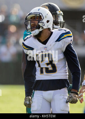 Jacksonville, FL, USA. 12 Nov, 2017. [Allen, Keenan], célèbre au cours de la NFL football match entre les Los Angeles les chargeurs et les Jacksonville Jaguars à l'EverBank Field à Jacksonville, FL. Jacksonville défait Los Angeles 20-17 en prolongation Robert John Herbert/CSM/Alamy Live News Banque D'Images