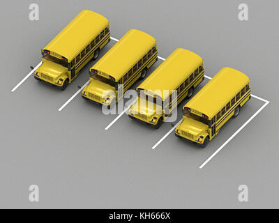 Parking autobus scolaire vue orthographique. rendu 3d. Banque D'Images