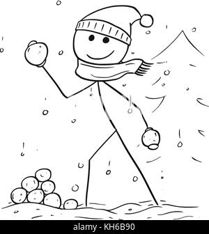 Cartoon stick man dessin illustration de man holding et du lancer de neige pendant l'hiver de neige. Illustration de Vecteur