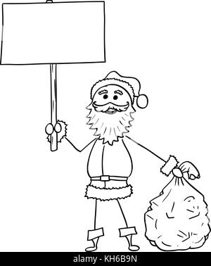 Illustration de dessin animé de Noël le père noël tenant des sacs cadeaux et vide blank sign. Illustration de Vecteur