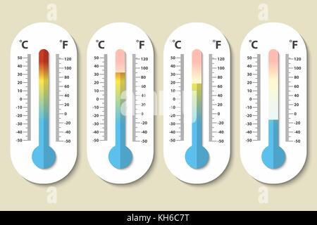 Vector icons de Celsius et Fahrenheit thermomètres mesurant la chaleur, la météorologie et en froid normal style plat. design template en eps10. Illustration de Vecteur