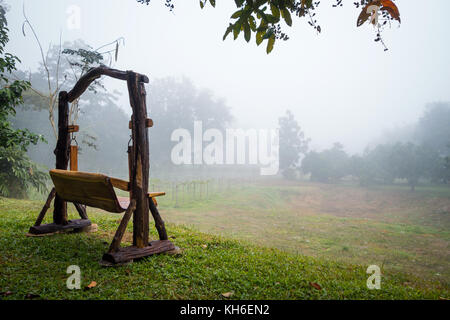 Balançoire en bois extérieure devant le vignoble dans la brume jour Banque D'Images