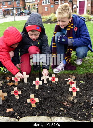 La plantation d'enfants coquelicots sur Dimanche du souvenir, mémorial de guerre, Haslemere, Surrey, UK. le dimanche 12 novembre 2017. Banque D'Images