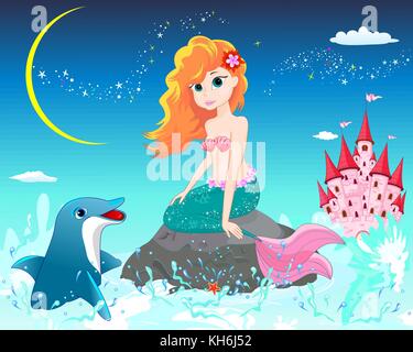 Sirène et dolphin . une belle sirène se repose sur une mer pierre. mermaid et dolphin sur fond de ciel étoilé de nuit. Illustration de Vecteur