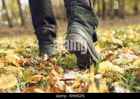 Chaussures d'hommes dans les feuilles d'automne. un homme qui marchait dans un parc plein de feuilles d'automne Banque D'Images