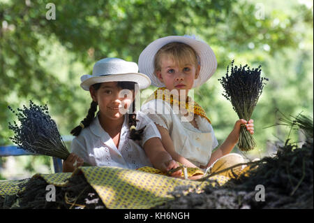 Europe, France, Vaucluse, (84), Pays de Sault. Fête de la lavande, deux fille en costume. Banque D'Images