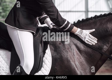 Belle fille jockey assis en selle sur un cheval le tournage de près. Elle claque le cheval autour de son cou. un pedigree cheval pour le sport équestre. Banque D'Images