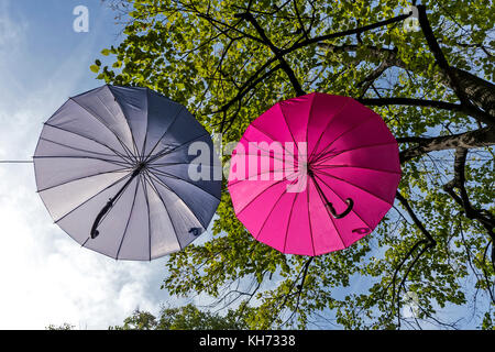 Parapluies accroché sur les arbres sur une zone piétonne Banque D'Images