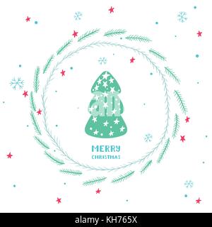 Jolie carte de Noël avec l'arbre de Noël, branches d'épinette de châssis ronds, étoiles et flocons de neige Illustration de Vecteur