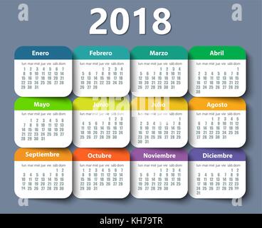 L'année 2018 calendrier modèle vecteur conception en espagnol. Illustration de Vecteur