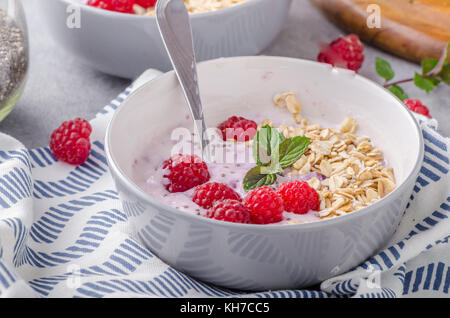 Délicieux petit-déjeuner sain, oatmeat alimentaire yaourt framboise Banque D'Images