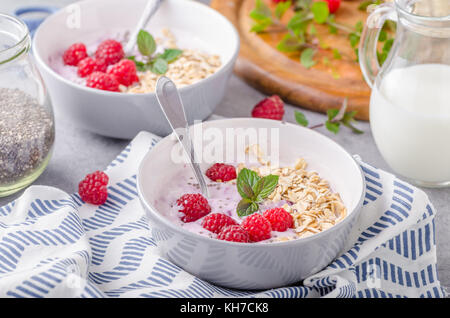 Délicieux petit-déjeuner sain, oatmeat alimentaire yaourt framboise Banque D'Images