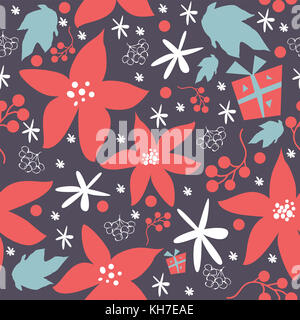 Motif florale de poinsettia dessiné à la main, des baies, des Leafs, flocons d'hiver/automne/. joyeux noël collection. Excellent pour les fonds, rétractable Banque D'Images