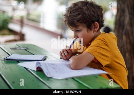 Vue latérale d'un écolier qui ont pensé à faire leurs devoirs Banque D'Images