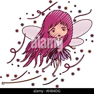 Girly fairy battant avec des ailes et des cheveux longs de couleur en silhouette crayon Illustration de Vecteur