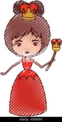 Reine avec couronne et sceptre en robe de couleur rouge en silhouette crayon Illustration de Vecteur