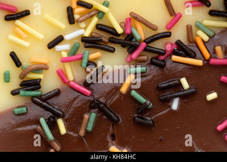 Vanille et chocolat dessert crémeux avec orned bonbons multicolores Banque D'Images