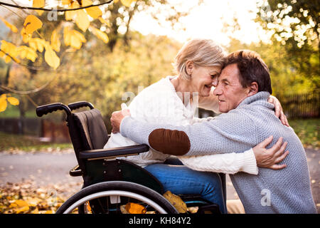 Couple en fauteuil roulant à l'automne la nature. Banque D'Images
