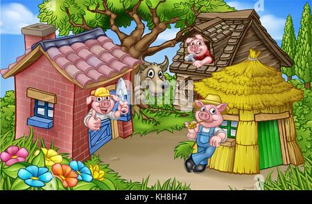 La scène de conte de fées des trois petits cochons Illustration de Vecteur