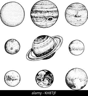 Planètes du système solaire. la lune et le soleil, mercure et la Terre, Mars et Vénus, Jupiter ou Saturne et pluton astronomique espace galaxy.. gravés à la main dans de vieux croquis, vintage style pour étiquette. Illustration de Vecteur