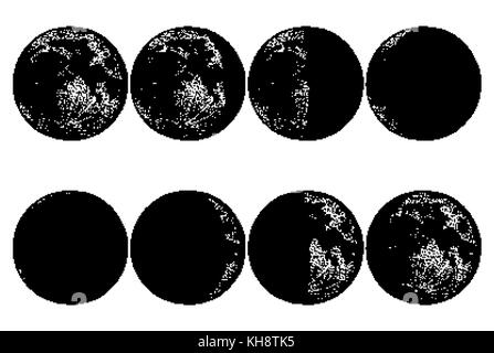 Phases de Lune planètes de système solaire. L'astrologie ou astronomie galaxie espace. orbite ou cercle. gravés à la main dans de vieux croquis, vintage style pour étiquette. Illustration de Vecteur