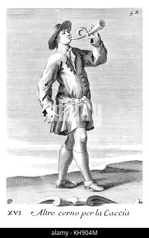 Homme avec un clairon - utilisé par les courriers et les chasseurs. Illustration de Filippo Bonanni's "Gabinetto Armonico" publié en 1723, l'Illustration 16. Gravure par Arnold van Westerhout. Sous-titre suivant Altro corno par la Caccia Banque D'Images