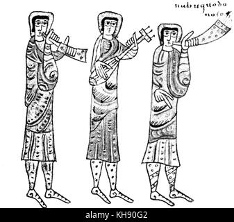 Musiciens soufflant oliphants et plumaison violon. À partir de la 'Commentarius in Apocalypsin'. Londres, British Museum. MSS. 11695. Banque D'Images