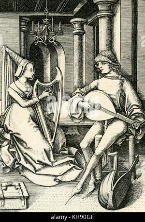 'Les Amoureux' (harpe, luth et luth-cas). Gravure par Israël van Meckenem. (Aussi Israhel) Allemand imprimante et Goldsmith, ch. 1445 - 1503. Banque D'Images