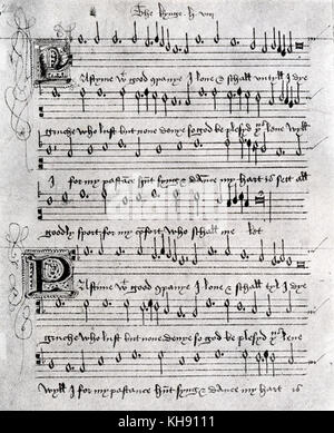 Avec passe-temps bonne compagnie - Madrigal. Musique pour un madrigal aurait été écrit par Henry VIII d'Angleterre. Seizième siècle. Archivé au British Museum. Banque D'Images