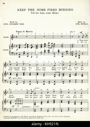 Garder la flamme (Til les garçons Come Home) - chanson avec de la musique par Ivor Novello et mots par Lena Guilbert Ford. 1914. La 1ère page de score patriotique composé au début de la Seconde Guerre mondiale 1. En gallois : chanteur, compositeur, acteur 15 Janvier 1893 - 6 mars 1951 Banque D'Images