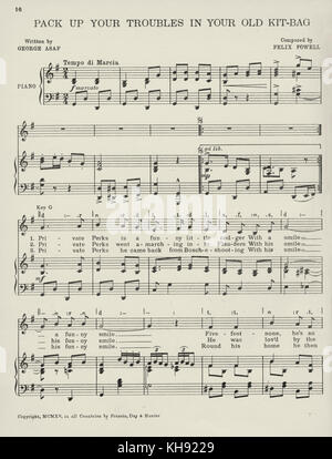 'Pack Up vos ennuis dans votre vieux Kit- Sac - chanson composée par Felix Powell avec lyrics par George Asaf. 1915. Page 1 sur 3. Populaire au cours de la Seconde Guerre mondiale 1. Banque D'Images