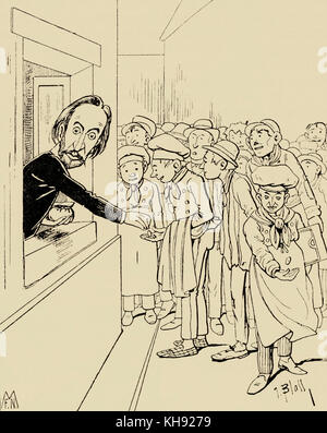 Richard Wagner & Gustave Flourens - caricature par Blaß. Gustave Flourens la remise d'une pièce de monnaie, un garçon comme paiement à boo à Lohengrin de Wagner. Légende : "Voilà mes braves garçons, un petit quelque chose afin que vous pouvez boo à Lohengrin'. ('Hier meine wackern Jungens Kleinigkeit, um eine, "Lohengrin" auspfeifen zu können'. Publié dans 'Triboulet', 27 septembre 1891. Banque D'Images