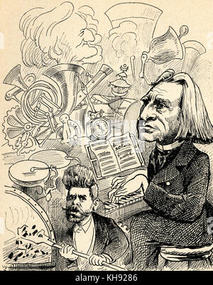 Machine à vapeur 'musicaux' de Bayreuth - caricature de K.Klik publié dans 'Humoristische Blätter", Vienne, 20 août 1876. Liszt joue la machine tout en Bösendorfer, fabricant de pianos viennois, est l'appareil de chauffage qui l'entraîne. La tête de Richard Wagner a fait de la vapeur s'élevant de la machine. Banque D'Images