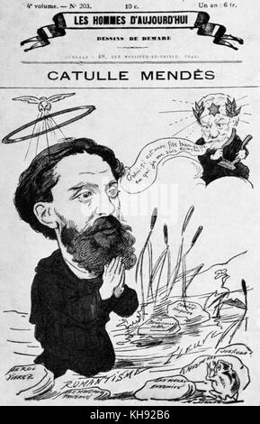 Catulle Mendès et Claude Debussy - caricature de Henri Demare. Publié dans La revue 'Les hommes d'aujourd'hui". Mendès a écrit le livret de l'opéra inachevé de Debussy 'Rodrigue et Chimène'. CM : poète et homme de lettres, 22 mai 1841 - 8 février 1909. CD : compositeur français, 22 août 1862 - 25 mars 1918. Banque D'Images