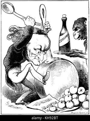 Wagner le Tetralogue - caricature par André Gill gravée par Rougeron Vignerot. Présente un chimpanzé parier une bouteille avec 'Cidrelungen" écrit sur l'étiquette (référence à l'Nieleungen) cycle d'opéras. Il suggère qu'il a été en mesure de surmonter l'goût français de 'l'art du cri-cri' et award lui-même toutes les pommes de France. Banque D'Images