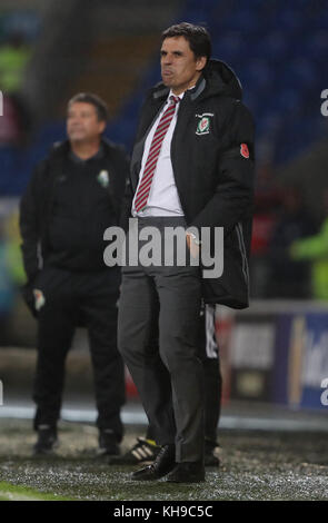 Chris Coleman, directeur du pays de Galles, lors du match international amical au Cardiff City Stadium. Banque D'Images