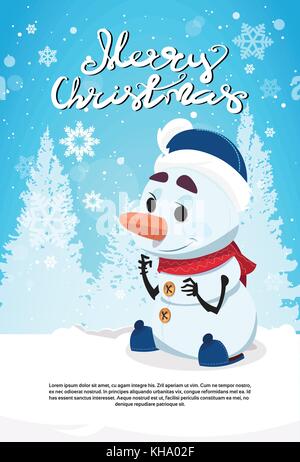 Joyeux Noël Bonhomme de neige mignon petit personnage sur les vacances d'hiver, carte de souhaits banner with copy space Illustration de Vecteur