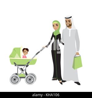 Salon de famille arabe couple avec un bébé dans une poussette,isolé sur fond blanc,cartoon vector illustration Illustration de Vecteur