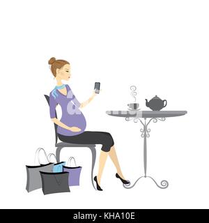 Belle fashion femme enceinte avec un téléphone cellulaire dans sa main, est assis dans un café à une table,cartoon vector illustration Illustration de Vecteur