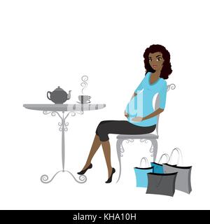 Belle fashion pregnant african american woman with shopping bags, est assis dans un café à une table,cartoon vector illustration Illustration de Vecteur