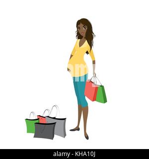 Pregnant african american woman with shopping bags,isolé sur fond blanc,cartoon vector illustration Illustration de Vecteur