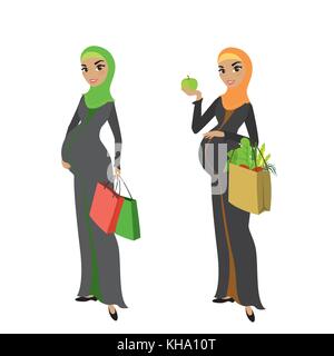 Deux femmes enceintes femme musulmane en vêtements traditionnels avec des sacs de magasinage isolé sur fond blanc, vector illustration cartoon Illustration de Vecteur