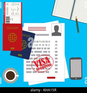 Approuvé visa ou permis de travail vierge et de passeport avec ticket Illustration de Vecteur