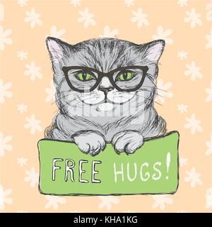 Chat mignon portant des lunettes avec un signe d'étreintes, de vector illustration Illustration de Vecteur