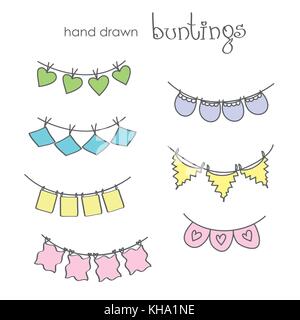 Hand drawn doodle bunting flags set. doodle fête d'éléments de conception, vector Illustration de Vecteur