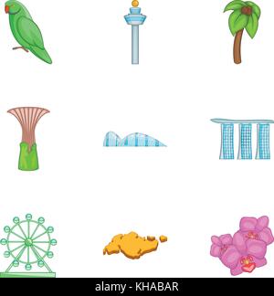 Les attractions touristiques de Singapour icons set Illustration de Vecteur